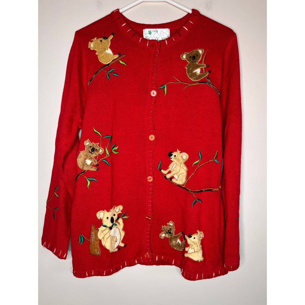 1990s Quacker Factory QVC Red Koala Bear Bamboo Australia Fuzzy 3D Cardigan S